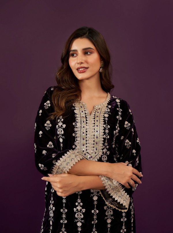 Mulmul Velvet Sade Purple Kurta With Mulmul Velvet Sade Purple Pant Hot on Sale