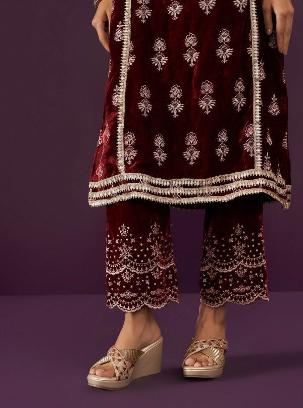 Mulmul Velvet Kumani Wine Kurta With Mulmul Velvet Kumani Wine Pant Sale