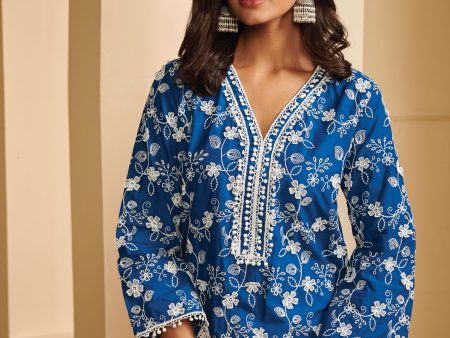 Mulmul Cotton Tahira Navy Kurta With Mulmul Cotton Rylee White Palazzo Supply