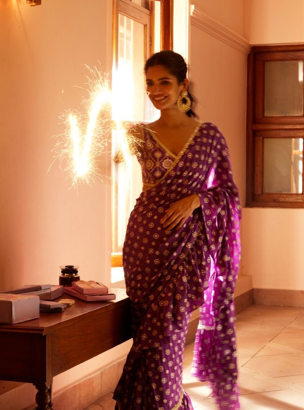 Mulmul Crepe Brahmi Pre-Stitched Purple Saree For Cheap