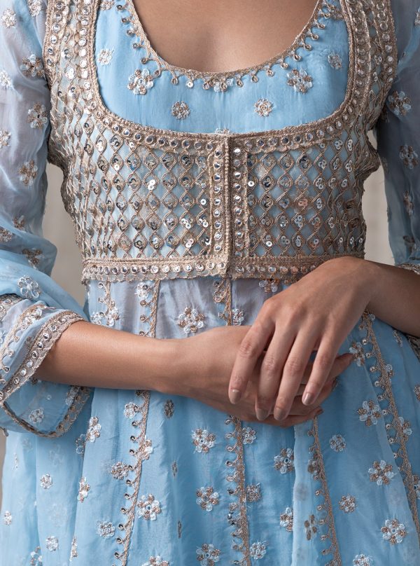 Mulmul Organza Malang Anarkali Blue Kurta With Jacket With Mulmul Pima Malang Blue Churidar Pant Online Sale