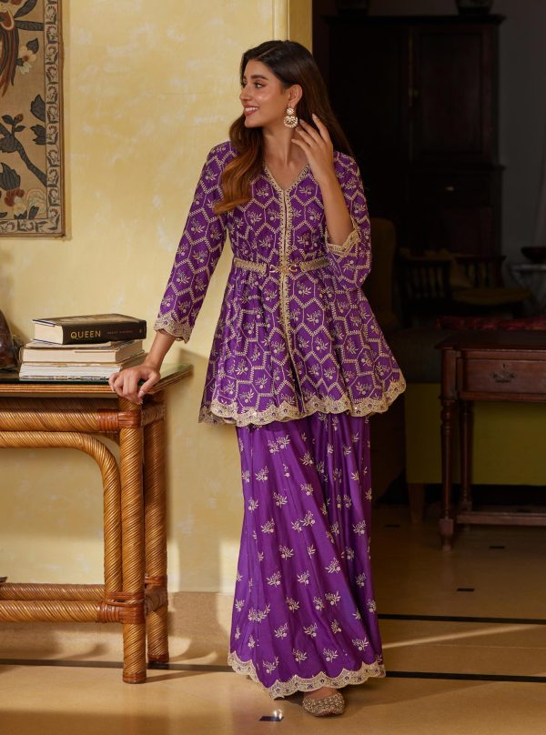 Mulmul Pima Bisini Purple Top With Mulmul Bisini Purple Sharara Online Hot Sale