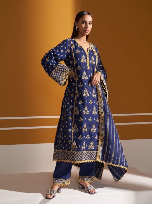 Mulmul Wool Marlow Navy Kurta With Mulmul Wool Marlow Navy Pant For Sale