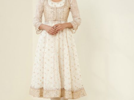 Mulmul Organza Malang Anarkali Off White Kurta With Jacket With Mulmul Pima Malang Off White Churidar Pant on Sale