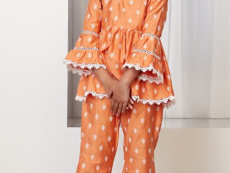 Mulmul Cotton Bud Orange Kurta With Bud Orange Pyajama For Discount