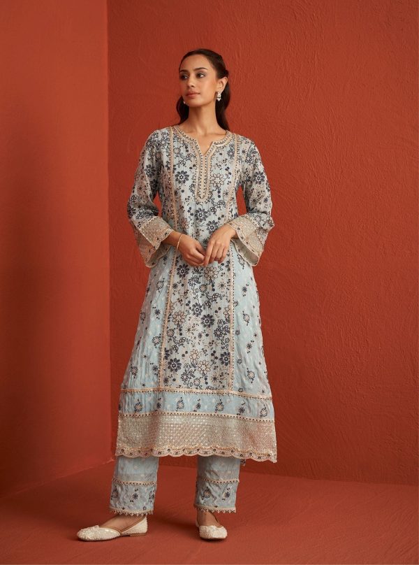 Mulmul Banarsi Lalisa Light Blue Kurta With Mulmul Banarsi Lalisa Light Blue Pant For Sale