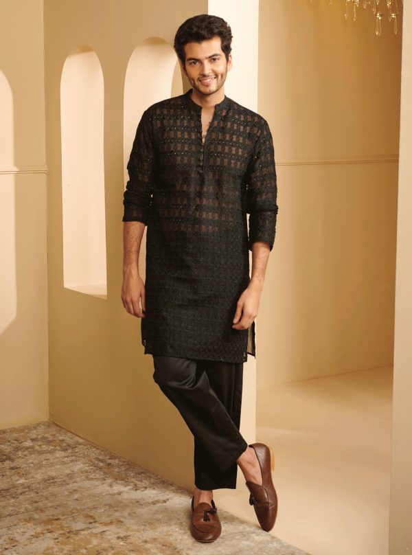 Mulmul Organza Zeke Black Kurta With Mulmul Pima Satin Zeke Black Pyajama Fashion