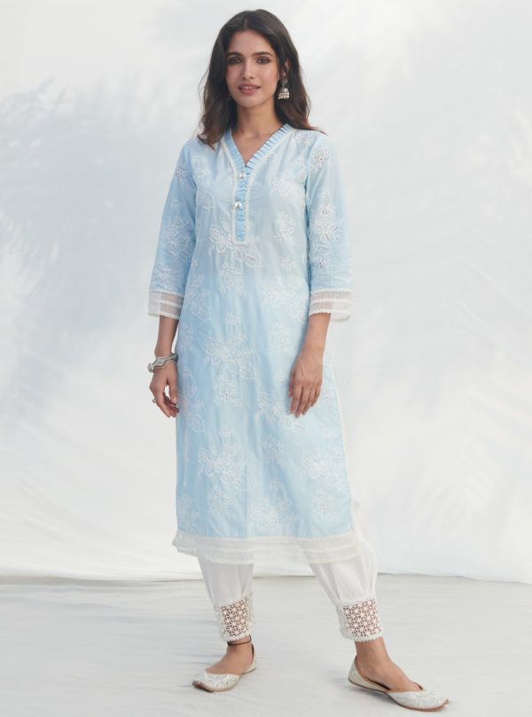 Mulmul Cotton Verlem Blue Kurta With Mulmul Cotton Chemical Lace White Salwar Online now