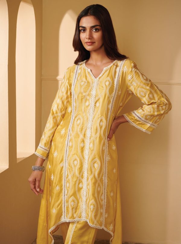 Mulmul Cupro Silk Semya Yellow Kurta With Semya Yellow Dhoti Pant Online