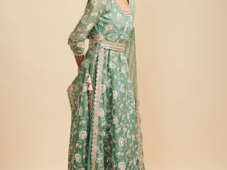 Mulmul Organza Masakali Green Long Kurta With Mulmul Cupro Masakali Green Skirt on Sale