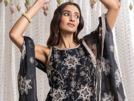 Mulmul Organza Jugni Black Kurta With Mulmul Pima Jugni Black Pant Discount