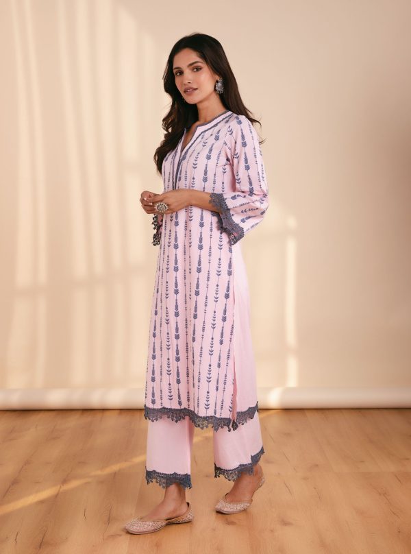 Mulmul Cotton Shantella Pink Kurta With Shantella Pink Pallazo Online Hot Sale