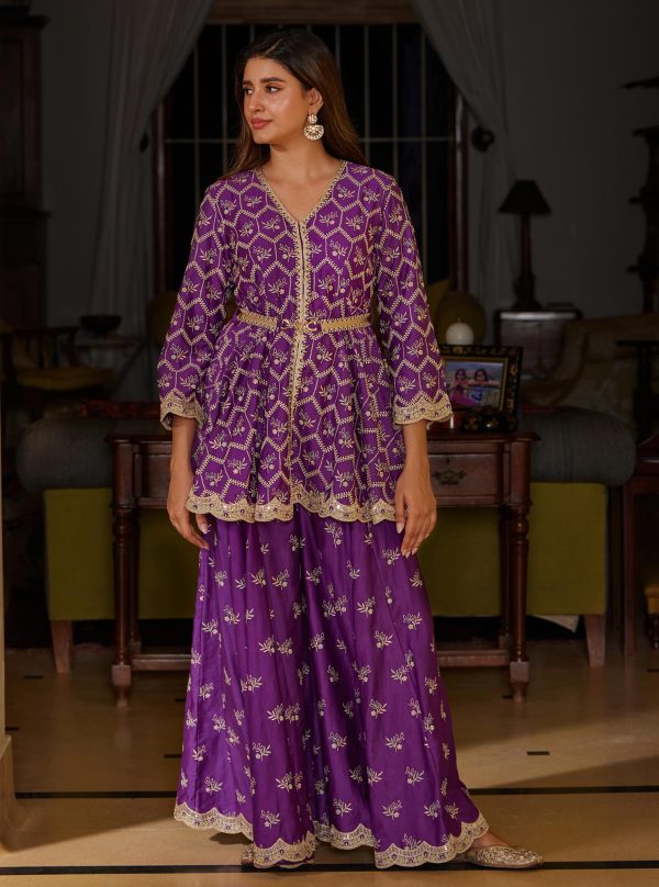 Mulmul Pima Bisini Purple Top With Mulmul Bisini Purple Sharara Online Hot Sale