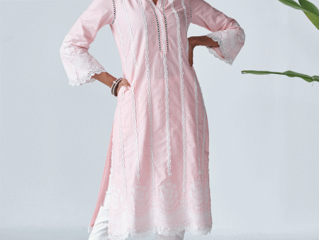 Mulmul Cotton Ellen Pink Kurta With Mulmul Cotton Slit White Pant Online Hot Sale