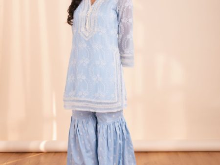 Mulmul Organza Luna Blue Kurta With Supima Cotton Luna Blue Garara For Discount