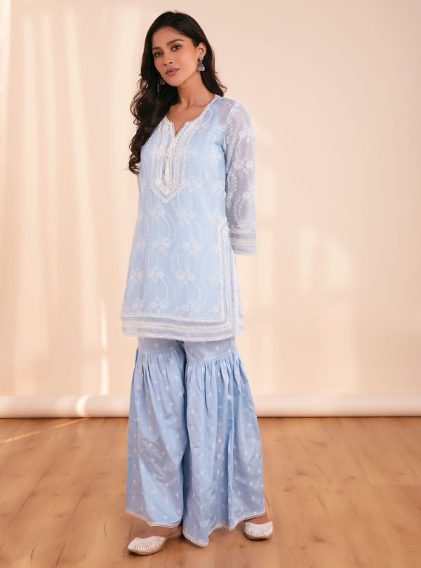 Mulmul Organza Luna Blue Kurta With Supima Cotton Luna Blue Garara For Discount