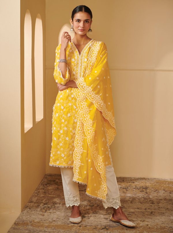 Mulmul Cotton Tahira Mango Kurta With Mulmul Cotton Irena White Pant For Sale