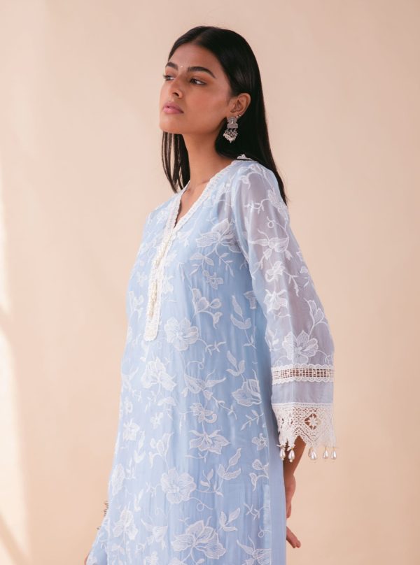 Mulmul Organza Delilah Blue Kurta With Pima Cotton Maisy Blue Pant For Sale