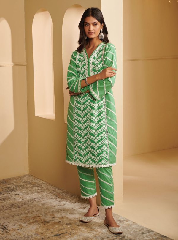 Mulmul Cotton Nasreen Green Kurta With Nasreen Green Pant Online Hot Sale