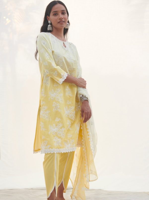 Mulmul Cotton Savri Yellow Kurta With Savri Yellow Dhoti Pant Fashion