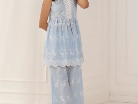 Mulmul Cotton Yana Blue Kurta With Yana Blue Palazzo Online Sale