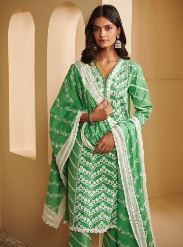 Mulmul Cotton Nasreen Green Kurta With Nasreen Green Pant Online Hot Sale