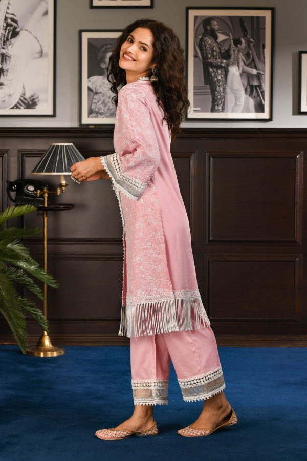 Mulmul Pima Satin Rafa Pink Kurta With Rafa Pink Pant For Sale