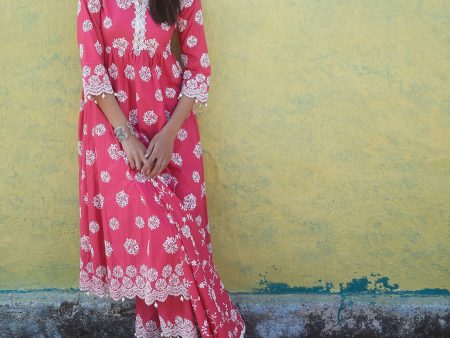 Mulmul Cotton Malana Red Kurta With Malana Red Palazzo on Sale