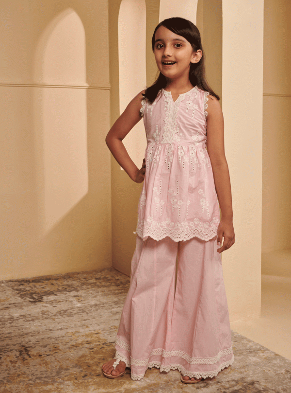 Mulmul Cotton Ming Pink Kurta With Ming Pink Sharara Discount