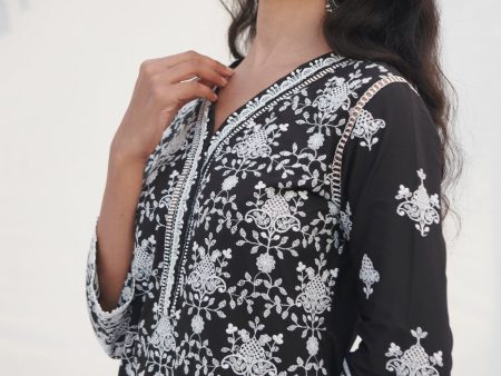 Mulmul Cotton Verla Black Kurta With Mulmul Cotton Verla White Pant Online Sale