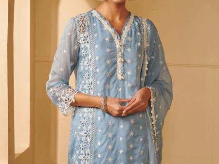 Mulmul Organza Valya Blue Kurta With Mulmul Pima Satin Valya Blue Pant Cheap