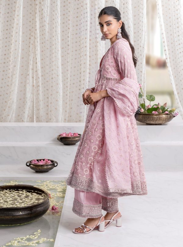 Mulmul Organza Ghoomar Anarkali Pink Kurta With Mulmul Pima Ghoomar Pink Pant For Sale