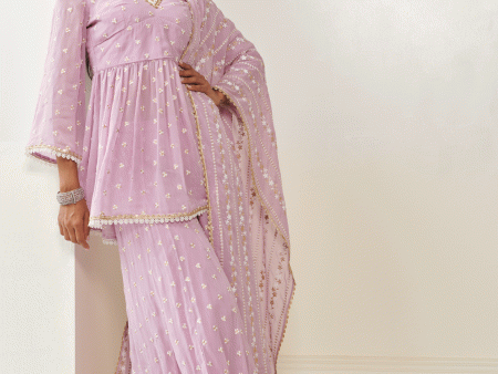 Mulmul Georgette Isra Lilac Kurta With Isra Lilac Sharara Cheap