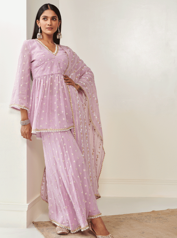 Mulmul Georgette Isra Lilac Kurta With Isra Lilac Sharara Cheap