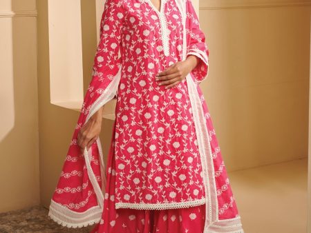 Mulmul Cotton Renisa Pink Kurta With Renisa Pink Skirt Sale