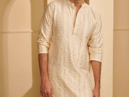 Mulmul Pima Satin Sol Off White Kurta With Sol Off White Pyajama on Sale