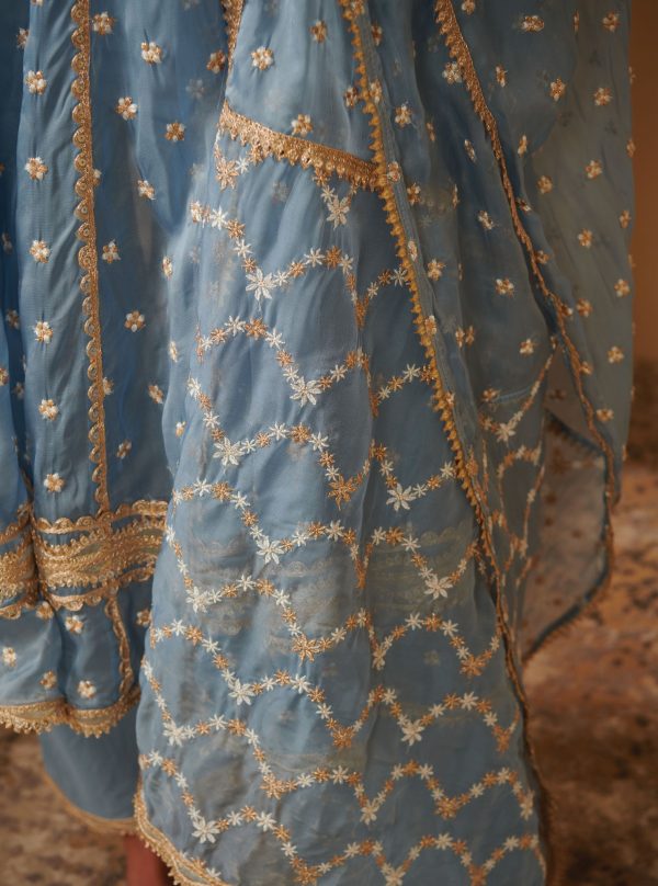 Mulmul Organza Ancita Anarkali Blue Kurta With Mulmul Pima Satin Ancita Blue Pant Online now