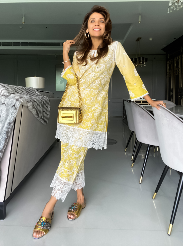 Mulmul Cotton Tista Yellow Kurta With Tista Yellow Palazzo Online Sale