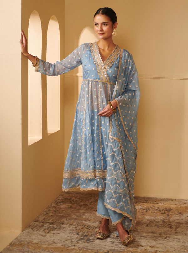 Mulmul Organza Ancita Anarkali Blue Kurta With Mulmul Pima Satin Ancita Blue Pant Online now