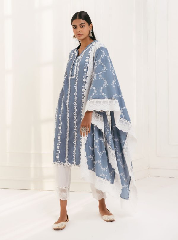 Mulmul Cotton Sainj Blue Kurta With Embroidered Organza Scallop White Pant Online Hot Sale