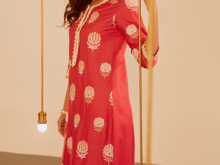 Mulmul Supima satin Amira Red Kurta With Amira Red Pant Discount