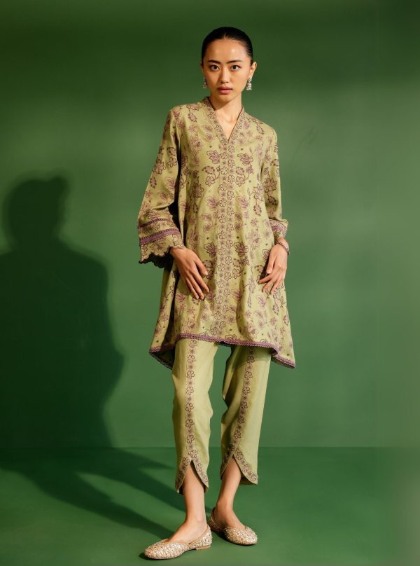 Mulmul Wool Ellis Green Kurta With Mulmul Wool Ellis Green Pant Online now