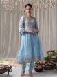 Mulmul Organza Malang Anarkali Blue Kurta With Jacket With Mulmul Pima Malang Blue Churidar Pant Online Sale