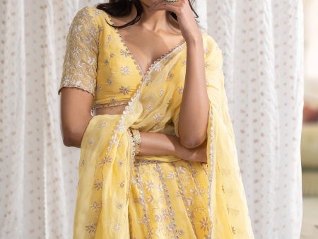 Mulmul Organza Madhvi Yellow Lehenga Online now