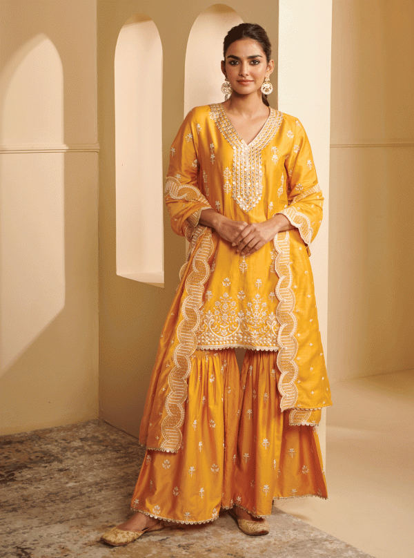 Mulmul Pima Satin Avathi Yellow Kurta With Avathi Yellow Garara Online Hot Sale