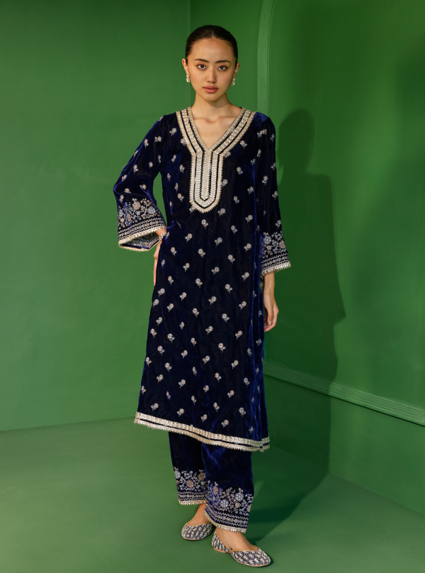 Mulmul Velvet Zia Navy Kurta With Mulmul Velvet Zia Navy Pant Cheap