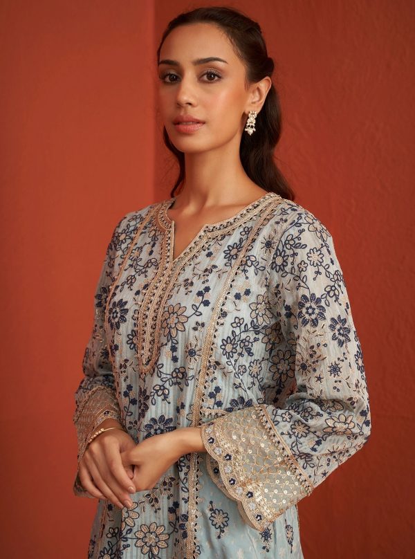 Mulmul Banarsi Lalisa Light Blue Kurta With Mulmul Banarsi Lalisa Light Blue Pant For Sale