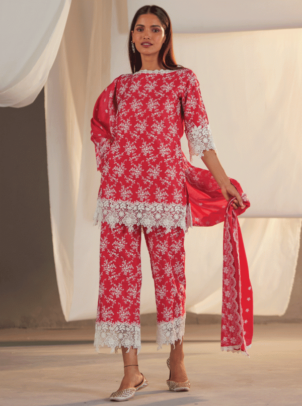 Mulmul Pima Paisley Red Kurta With Paisley Red Pant Sale