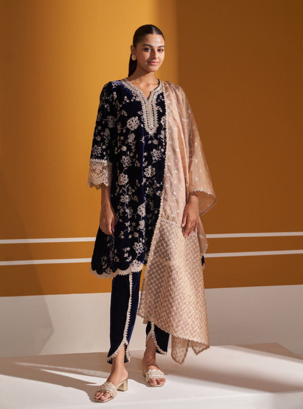 Mulmul Velvet Imani Navy Kurta With Mulmul Velevt Imani Navy Dhoti Pant Sale