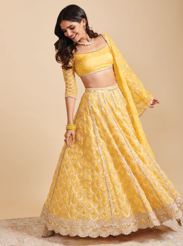 Mulmul Organza Morni Yellow Lehenga Fashion